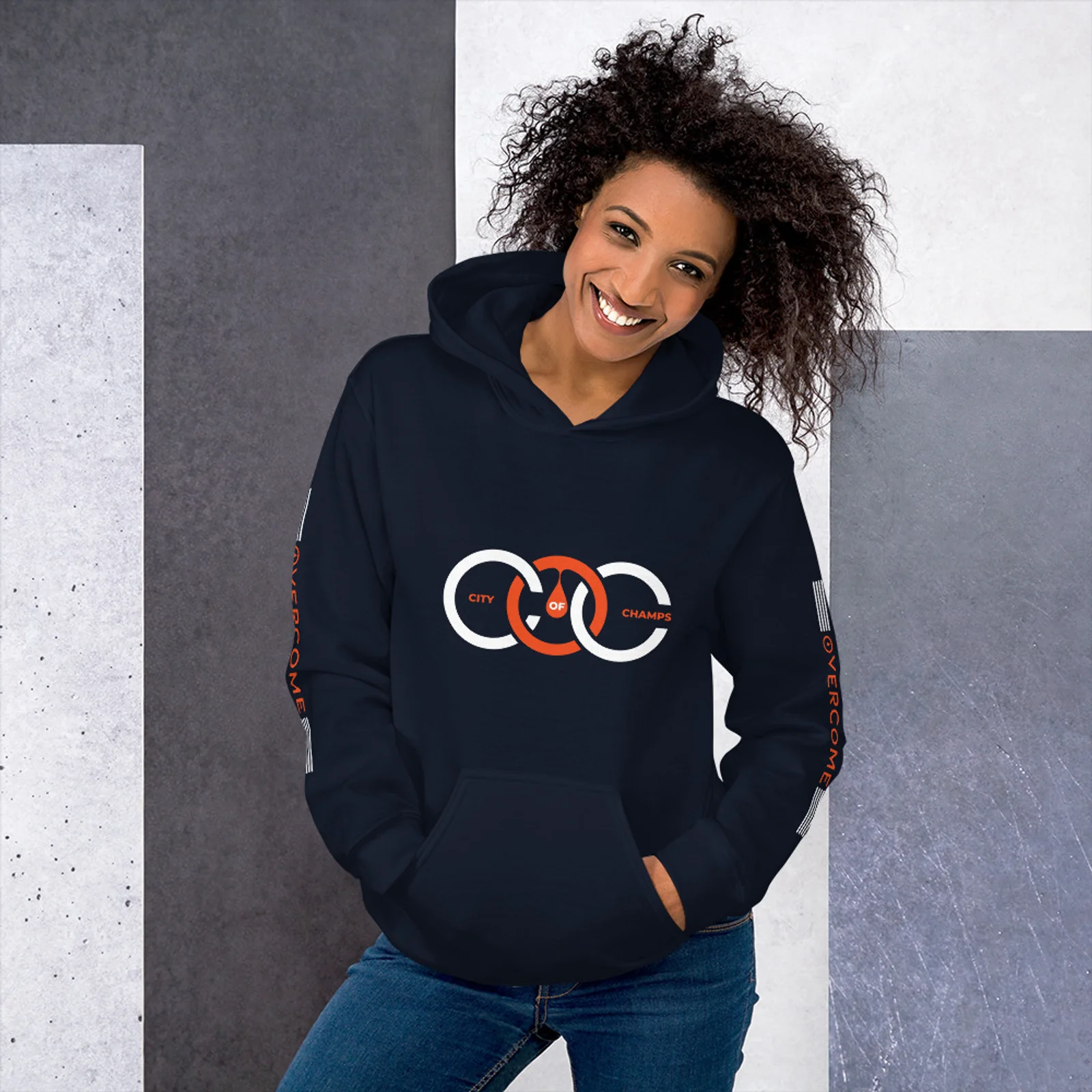 City of Champs Overcome Hoodie – Navy Blue - Image 4