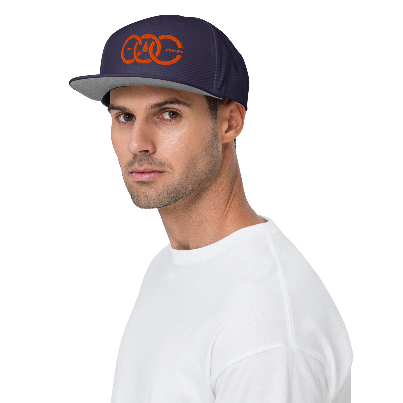 City of Champs Snapback Hat – Navy Blue & Orange - Image 4